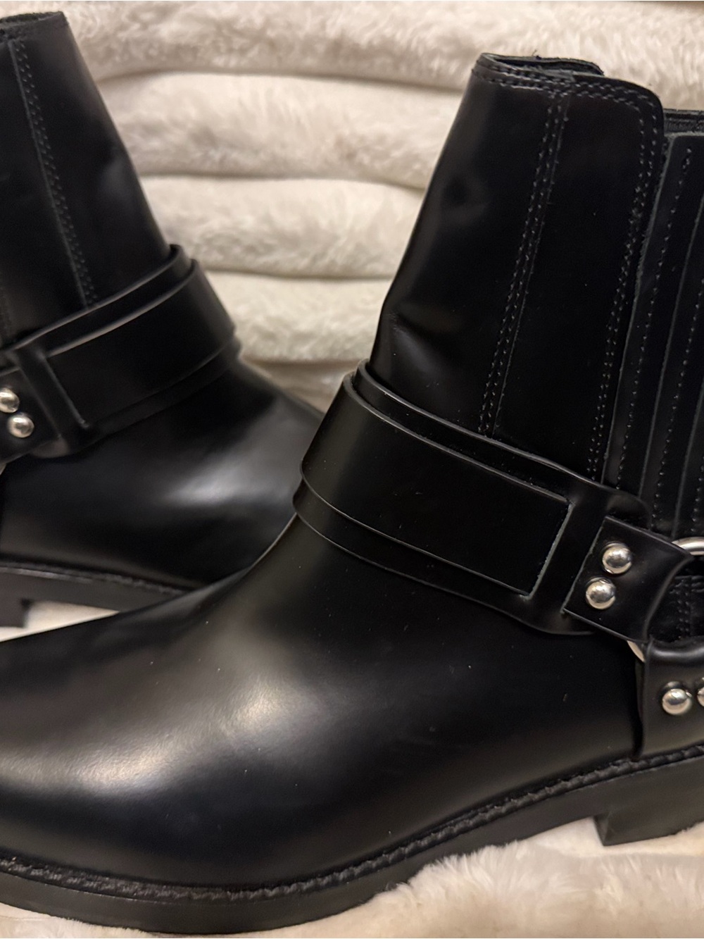 Marc Fisher Black Leather Ankle Boots with Harness Detail